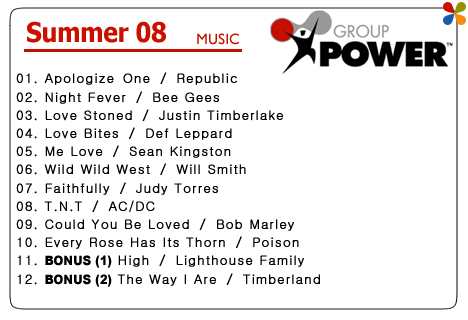 GROUP POWER [SUMMER'08]@01. Apologize One ^ Republic@02. Night Fever ^ Bee Gees@03. Love Stoned ^ Justin Timberlake@04. Love Bites ^ Def Leppard@05. Me Love ^ Sean Kingston@06. Wild Wild West ^ Will Smith@07. Faithfully ^ Judy Torres@08. T.N.T ^ AC/DC@09. Could You Be Loved ^ Bob Marley@10. Every Rose Has Its Thorn ^ Poison@11. BONUS (1) High ^ Lighthouse Family@12. BONUS (2) The Way I Are ^ Timberland